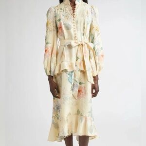 Zimmermann Floral Print Belted Linen Midi Dress